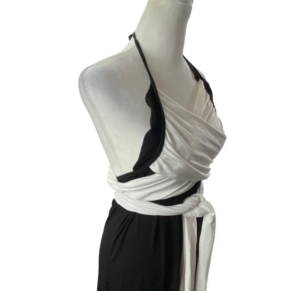 VENUS Women Maxi Dress Size L Black‎ White Halter Wrap Detail Unique 4-8